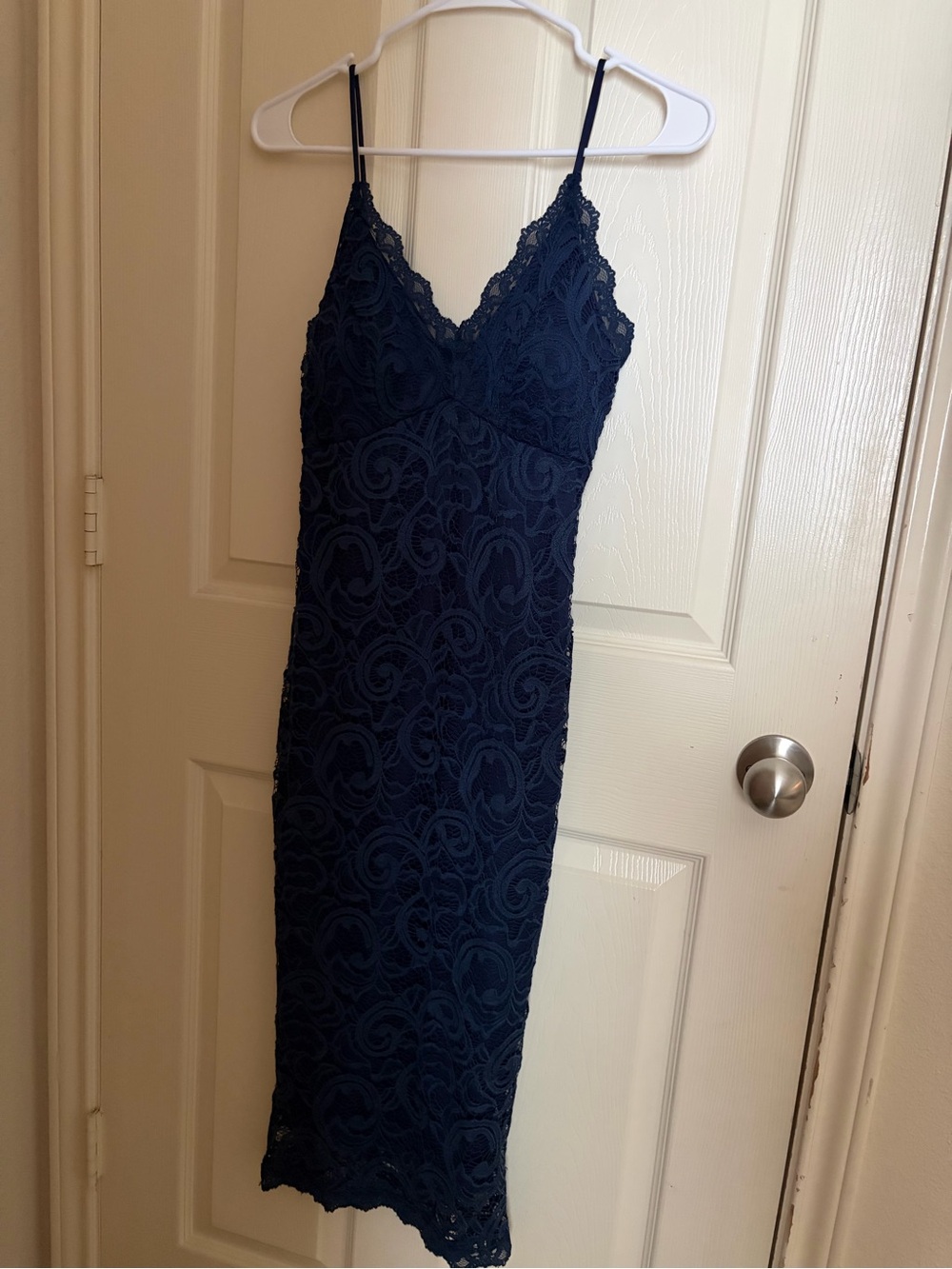 Lace Slip Midi Dress - Navy Blue